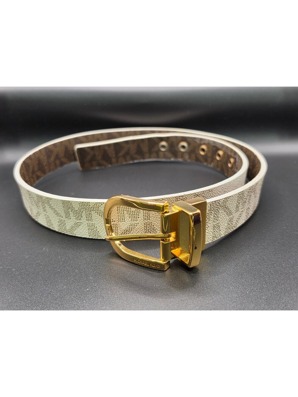 Michael Kors Reversible Signature Logo Belt with Gold Buckle, Size Approx. 40-42